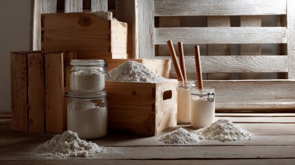 Baking ingredients and flour setup with wooden utensils and crate for kitchen rustic culinary product design photography