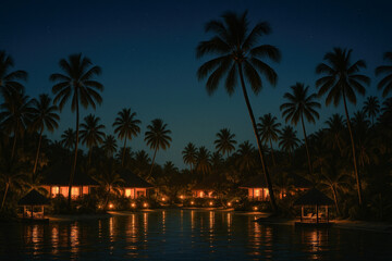 Palm trees casting shadows next to huts beside the pool at night.