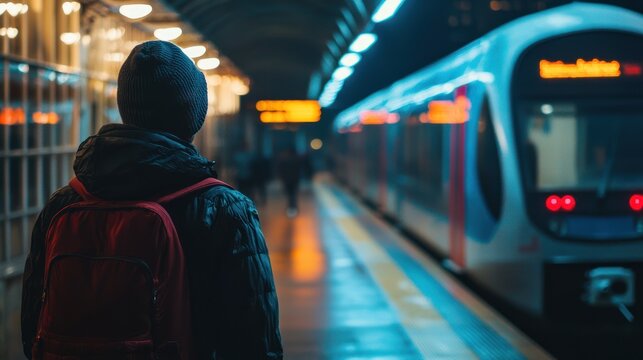 A person with a backpack standing at a subway station, waiting for a train. The station has a blue and white color scheme with a train visible