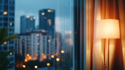 Cityscape view through a window at dusk, with rain drops