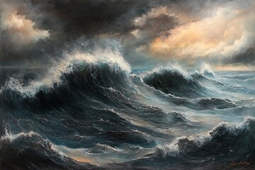 A dramatic painting captures the powerful sea with turbulent waves under a cloudy sky