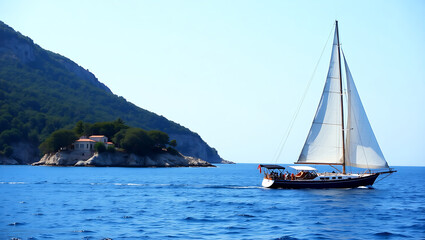 Naklejka premium Sailboat Sailing Near Island Paradise With Clear Blue Water
