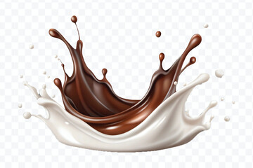 abstract 3d smooth liquid chocolate with white milk splash in crown style isolated on transparent background	
