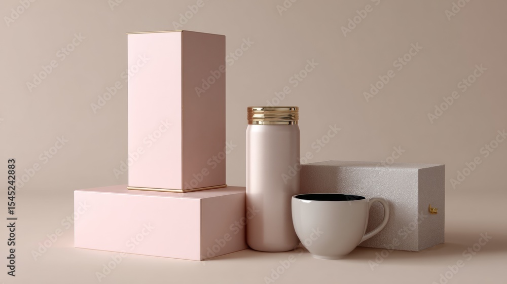 Poster neutral colored boxes with skincare bottle and mug for minimal clean product branding display compos