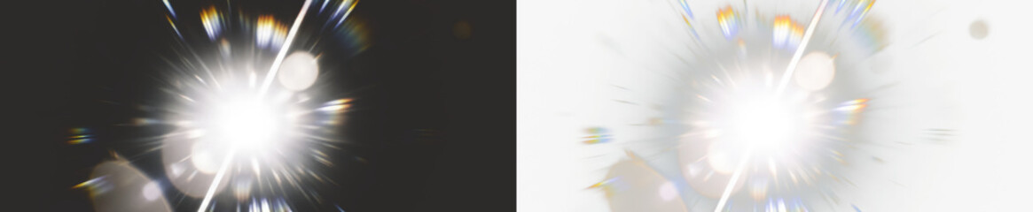 Central light source with distinct lens flares and scattered light effects on transparent background