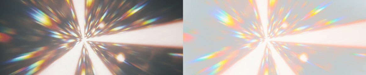 Colourful prismatic rays radiating outwards with bright central light source, shimmering ethereal effect on transparent background