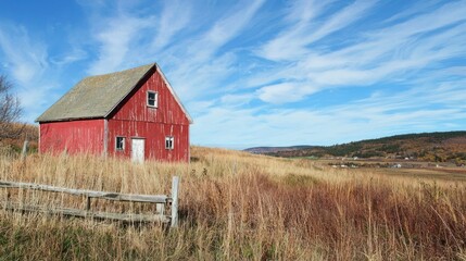 Obraz premium A red barn with a green roof stands in a field of tall grass under a blue sky with white clouds.