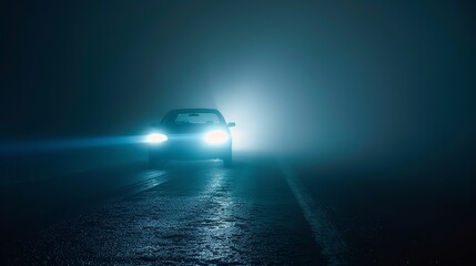 The car is driving through a dark and foggy night. The only light comes from the car's headlights, which are illuminating the road ahead.