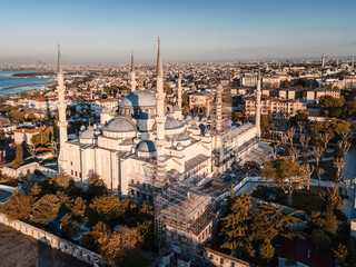Sultanahmet district with ancient Blue Mosque and minarets on sunny day, Istanbul, Türkiye