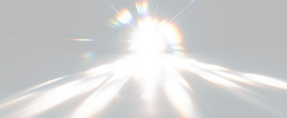 Intense light source with radiating rays and lens flares, strong flash effect on transparent background