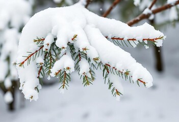 Heavy snow blankets a Maine spruce branch, drooping under its weight,  rural,  winter scene
