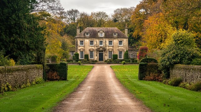 A grand, historic mansion with a symmetrical facade, surrounded by a manicured garden with autumn-colored trees and a winding stone path leading up to the entrance.