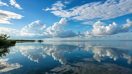 Obraz premium Serene ocean landscape with clouds reflecting on calm water 