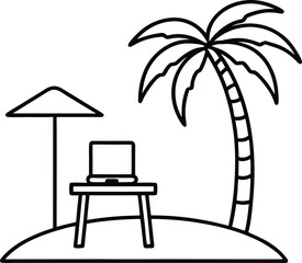 Remote work vector Line art illustration Beachside Workstation with Laptop and Palm Trees