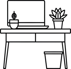 Remote work vector Line art illustration Minimalist Desk with Laptop Notebook and Succulent