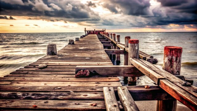 Weathered wooden pier extending into ocean under cloudy sky  