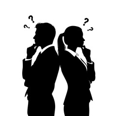 Business people thinking with question marks on white background  