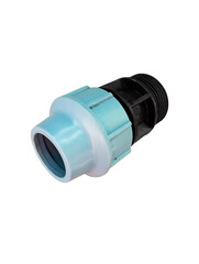 Plastic coupling with external thread for pipes on white background
