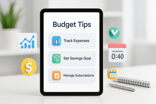Track expenses set savings goal manage subscriptions financial planning digital tablet budget tips modern workspace productivity organization motivation