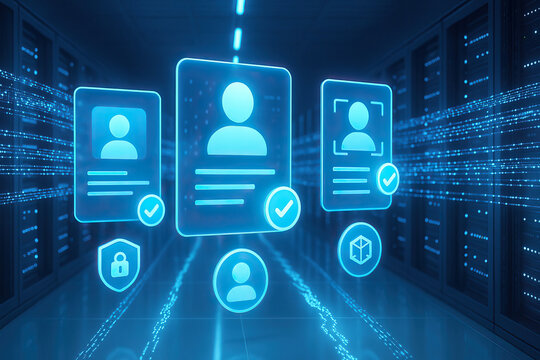 Digital identity verification, data security, and user authentication concept in modern server room, featuring glowing blue holographic user profiles and secure technology icons