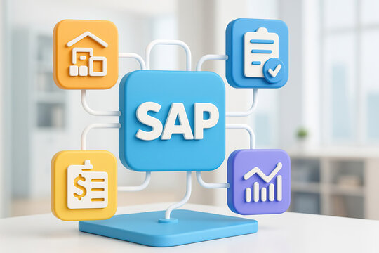 3D illustration workflow SAP data management, digital technology, modern software, cloud network, system connection in home office