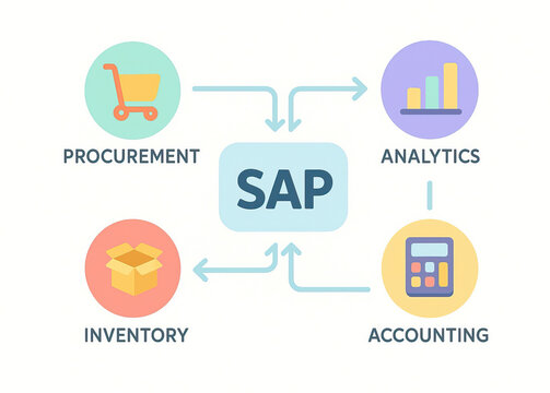 Procurement analytics, inventory accounting, business management, SAP system software, chart calculator, box shopping cart, colorful process workflow, integration data finance, supply chain.