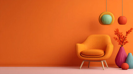 Retro-inspired interior with orange lounge chair colorful pendant lamp and sculptural vase. Warm orange walls and playful shapes create a cheerful atmosphere...