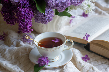 A bouquet of lilacs on the table and a cup of tea.