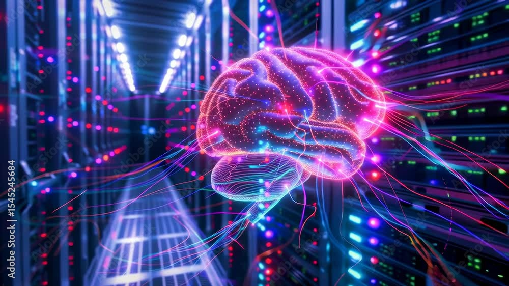 Poster a brain suspended in the middle of the server room. concept of artificial intelligence and machine l