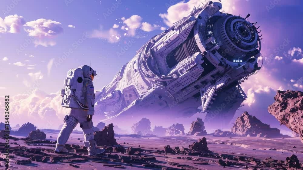 Poster an astronaut on an alien planet standing near a high tech intricate ancient alien structure or stars