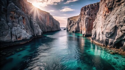 Naklejka premium Serene coastal canyon with turquoise water and rocky cliffs 