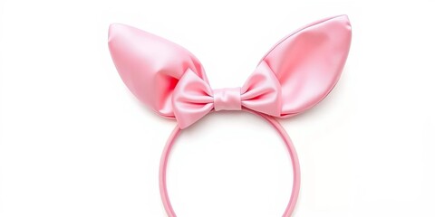 Fototapeta premium Adorable pink bunny ears headband with a satin bow, isolated on white, satin bow, photo prop
