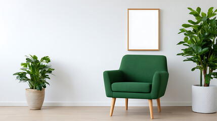 Minimalist composition of living room interior with design green armchair mok up poster frame plant and decorations. Home decor.