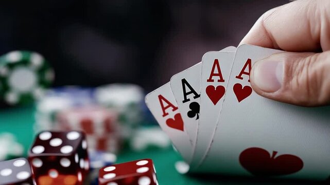 Close-up of a hand holding four aces in a poker game with dice and chips on a green felt table