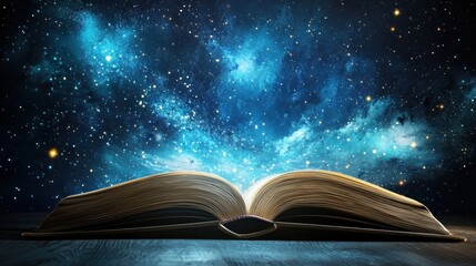 An open book with a starry night sky as its background, emitting a magical glow.