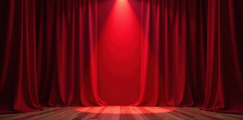Velvet red curtain, single spotlight illuminates center, stage curtain, theater