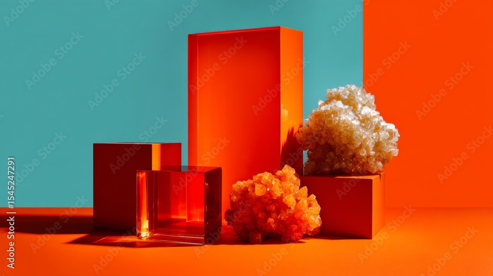Poster red and orange geometric objects with minerals on bright background used for abstract color branding