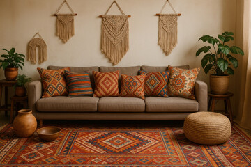 cats playing joyfully on a cozy rug in a living room with a couch and decorative hangings.
