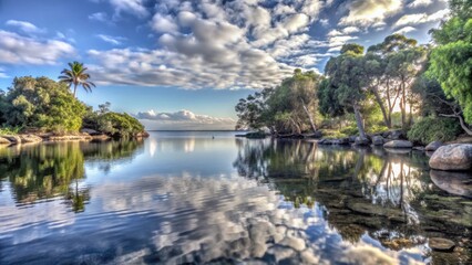 Fototapeta premium Serene lake with reflections of trees and clouds on calm water 