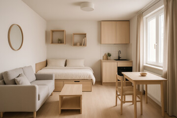 Couch, bed, and desk in a small room.