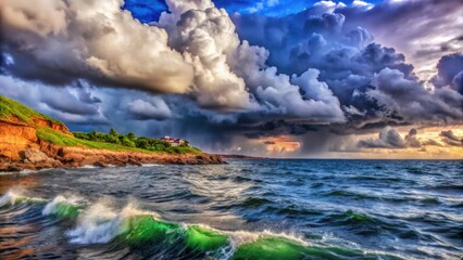 Fototapeta premium Dramatic seascape with turbulent waves under stormy clouds 