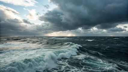Fototapeta premium Dramatic ocean waves under dark storm clouds at twilight 