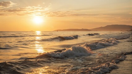 Obraz premium Sunset over ocean waves at beach during golden hour 