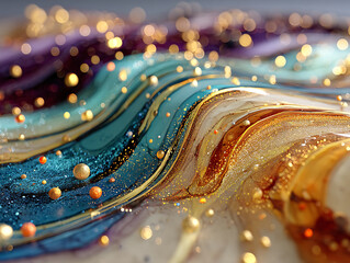 vibrant and abstract scene featuring flowing, translucent fabrics in shades of gold and brown, adorned with colorful, glowing spheres scattered throughout the space. The background is a gradient