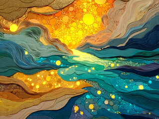 vibrant and abstract scene featuring flowing, translucent fabrics in shades of gold and brown, adorned with colorful, glowing spheres scattered throughout the space. The background is a gradient