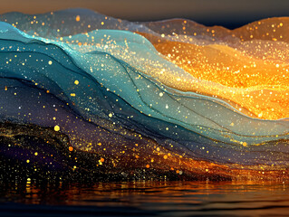 vibrant and abstract scene featuring flowing, translucent fabrics in shades of gold and brown, adorned with colorful, glowing spheres scattered throughout the space. The background is a gradient