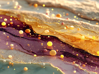 vibrant and abstract scene featuring flowing, translucent fabrics in shades of gold and brown, adorned with colorful, glowing spheres scattered throughout the space. The background is a gradient