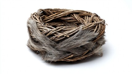 Bird nest with natural twigs isolated on white used for seasonal spring and nature photography visuals