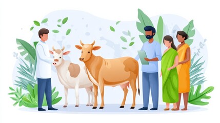 Obraz premium A veterinarian examines two cows while a group of three people, including a woman in a green sari, observe attentively in a natural, leafy setting.