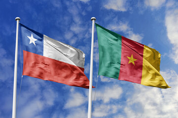 Flags of Chile and Cameroon Waving Against a Clear Blue Sky, Symbolizing Bilateral Relations and...